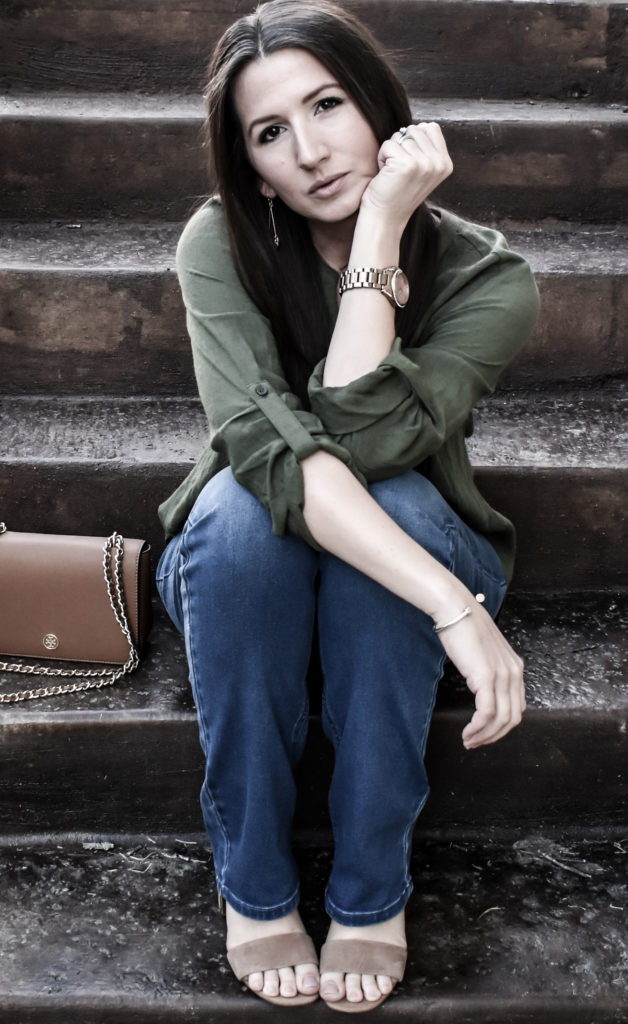 Erin from Cathedrals and Cafes sits comfortably in a pair of Diane Gilman DG2 Jeans from HSN