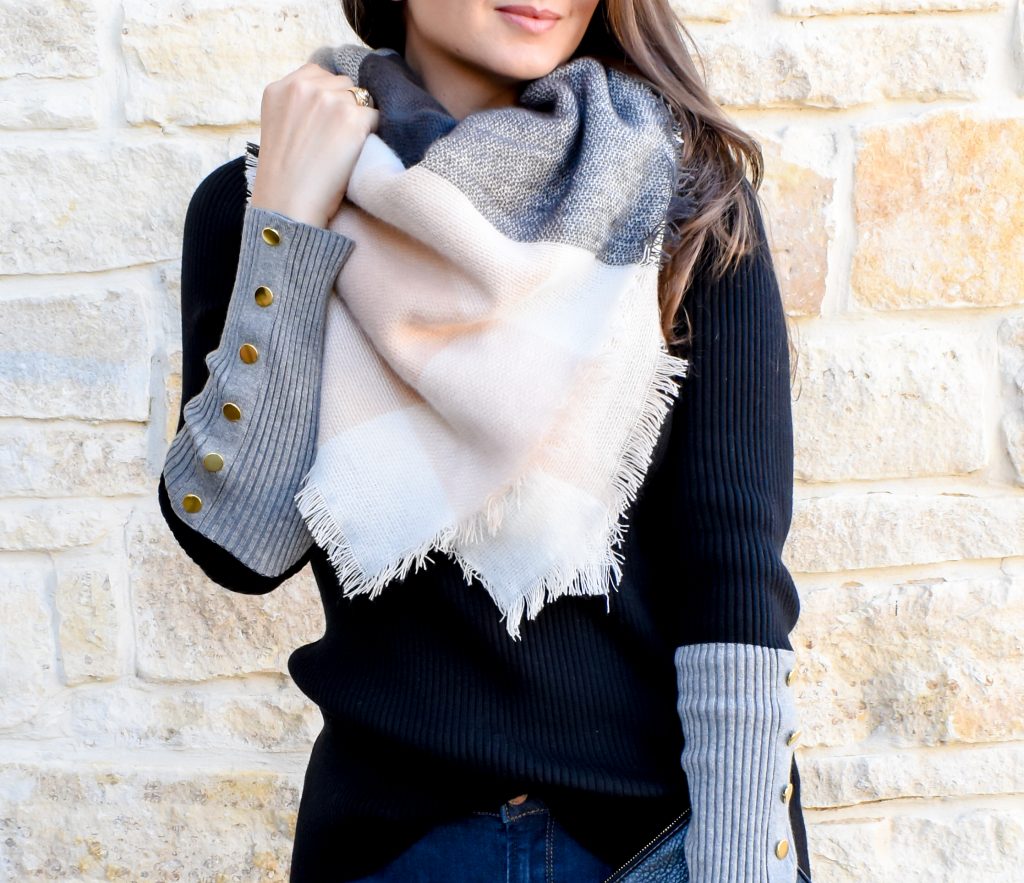 Erin from Cathedrals and Cafes Blog Wears a Pink and Grey Plaid Blanket Scarf from Ilymix