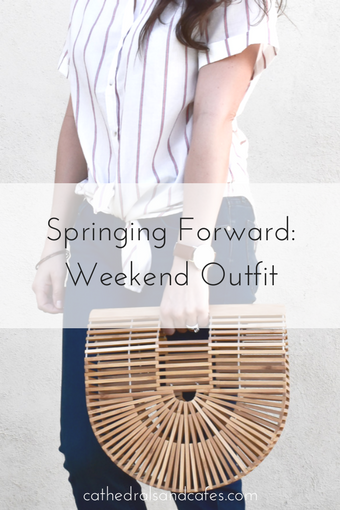 Springing Forward _ Spring Weekend Outfit _ Stripe Top _ Boyfriend Jeans _ Espadrilles _ Cult Gaia Dupe _ Bamboo Bag _ Cathedrals and Cafes Blog _ Spring Fashion