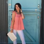 What to Wear to Santa Fe | Ruffle Sleeve Top | White Jeans | Leather clutch | Cathedrals and Cafes Blog