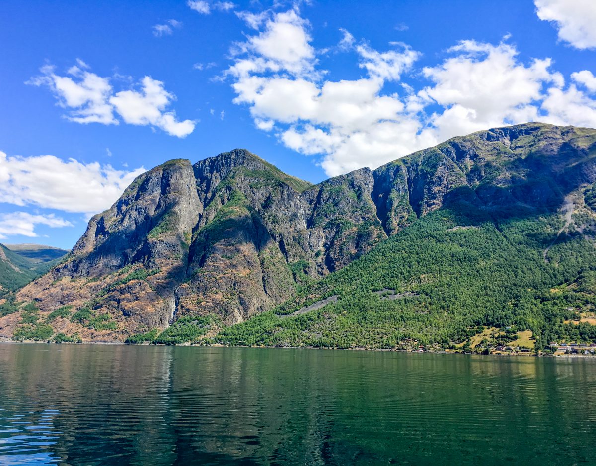 A lush green fjord rises out of the water in Norway