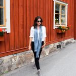 Erin wears a long scarf, her favorite travel wardrobe essential, in Sweden.