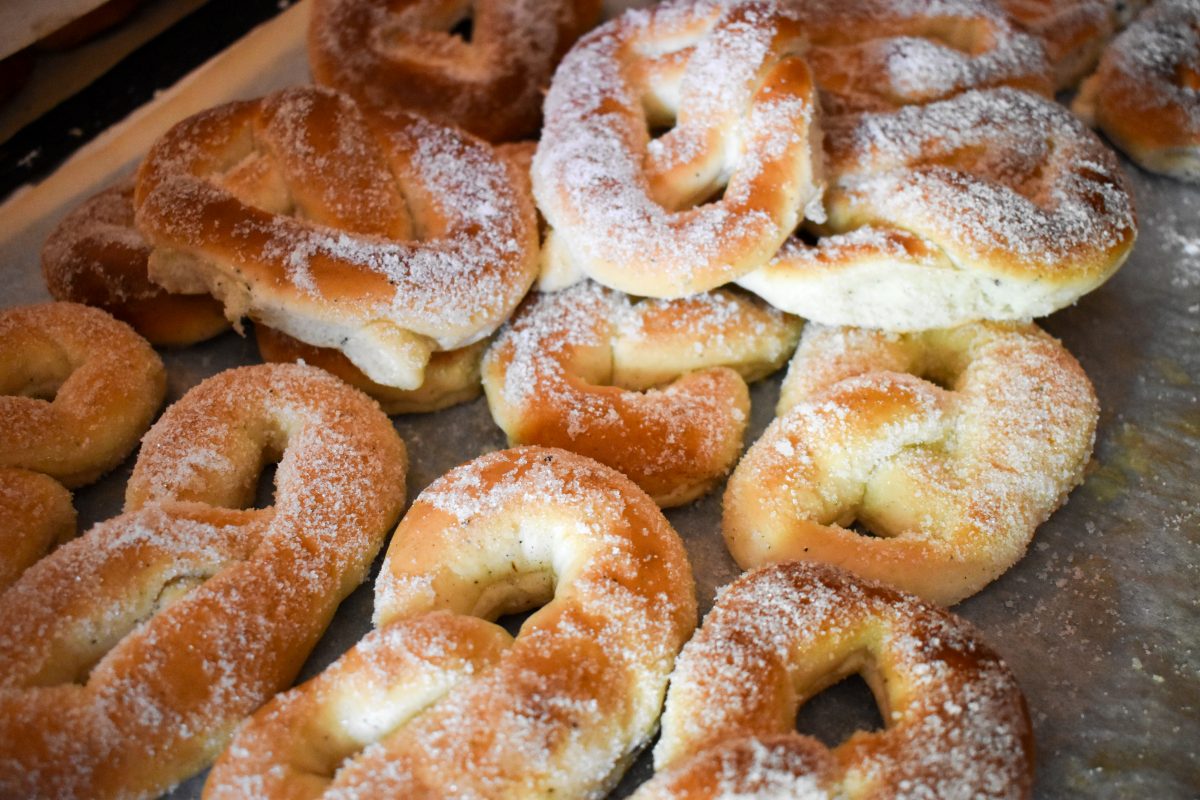 Powdered sugar pretzel pastries in Stockholm