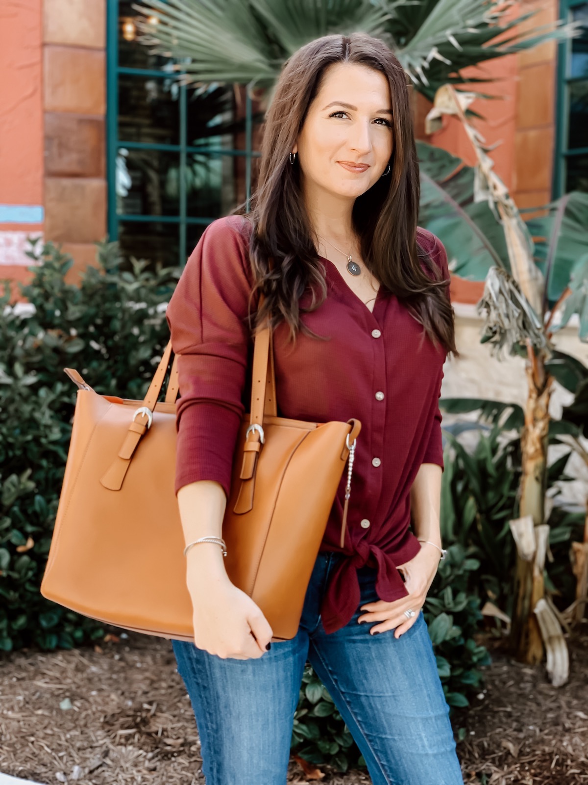 What to Wear with a Burgundy Tote Handbag