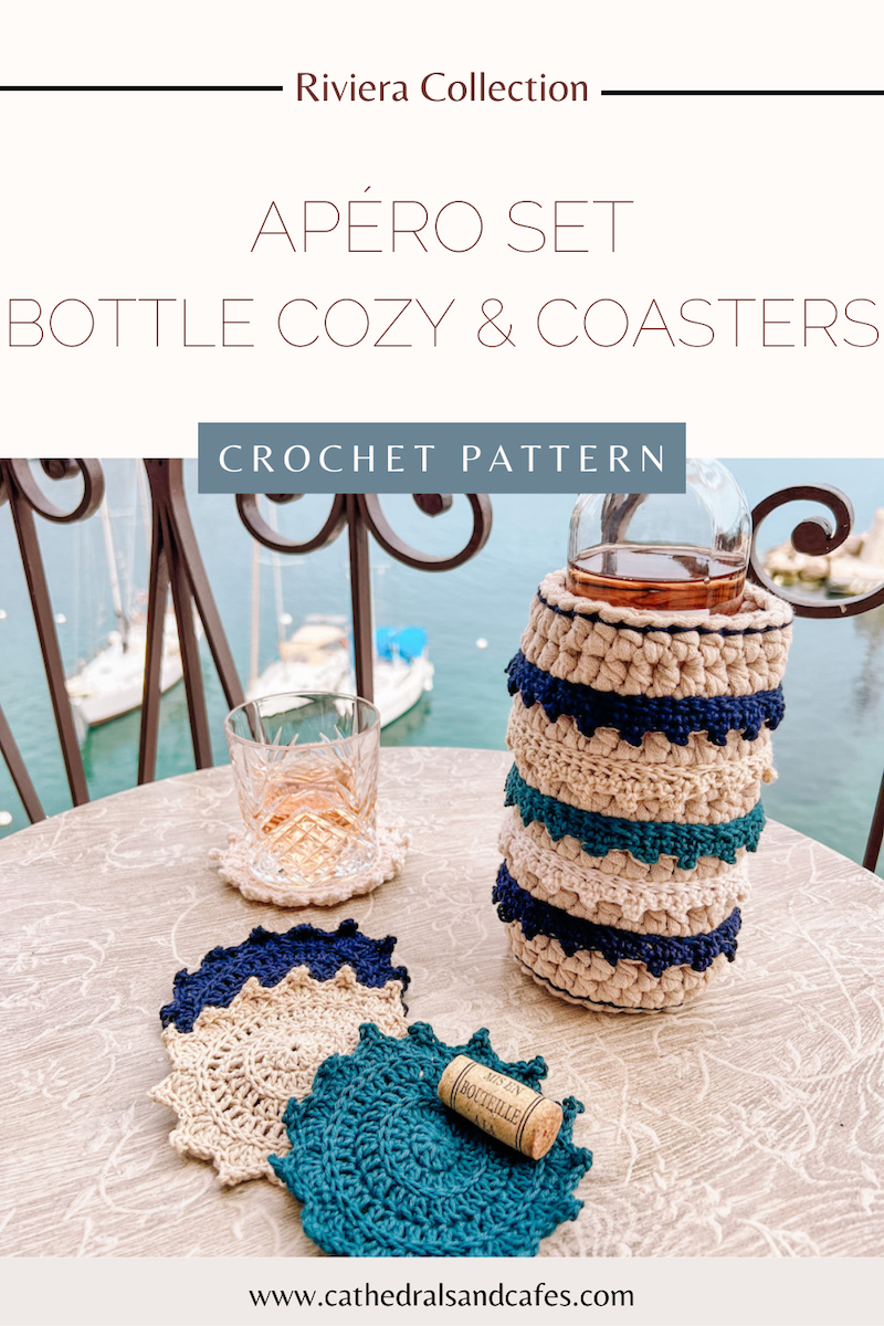 Crochet Coasters and Bottle Cozy Free Pattern designed by Erin of Cathedrals & Cafes